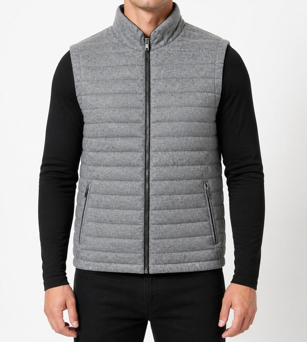Jos A Bank Vest Mens L Gray Wool Quilted Puffer Tailored Fit Mock Neck Full Zip